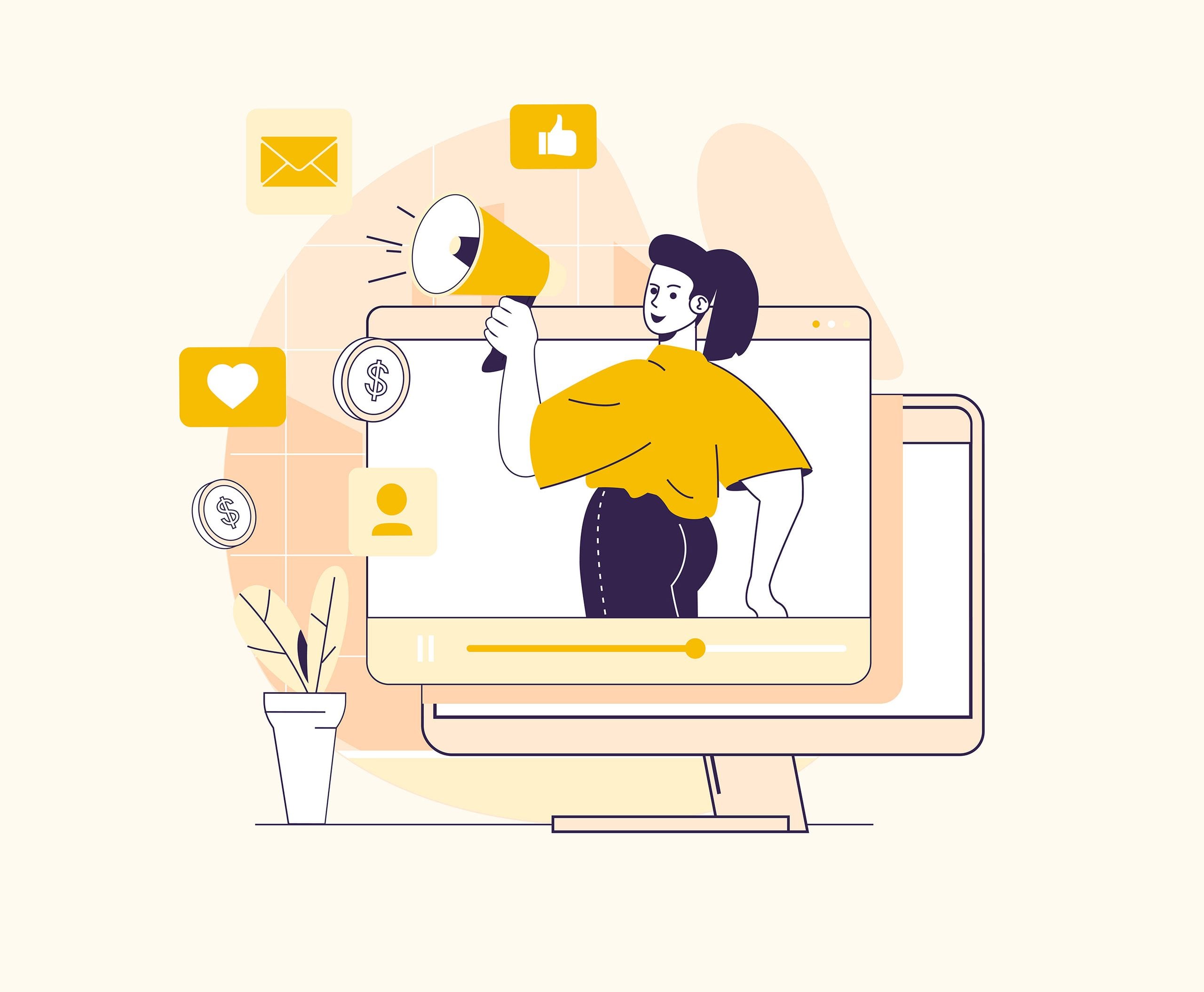 Woman using megaphone beside social media icons and video player