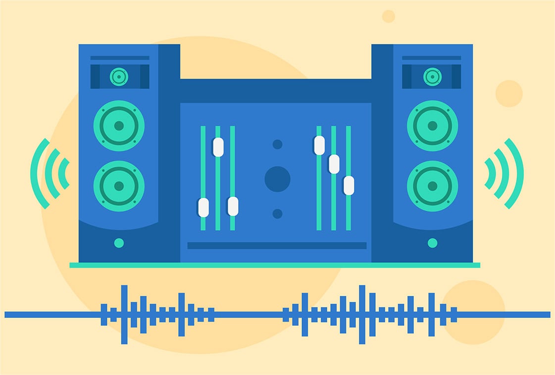 Blue stereo speakers and equalizer with sound waves