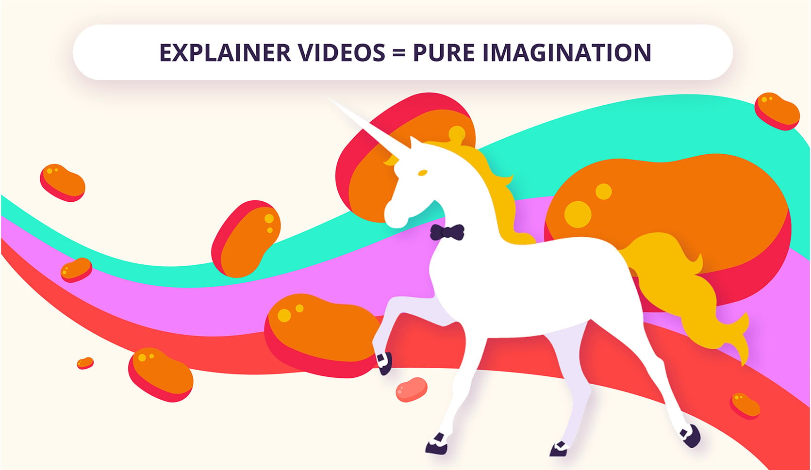 White unicorn amid colorful waves and floating orange shapes
