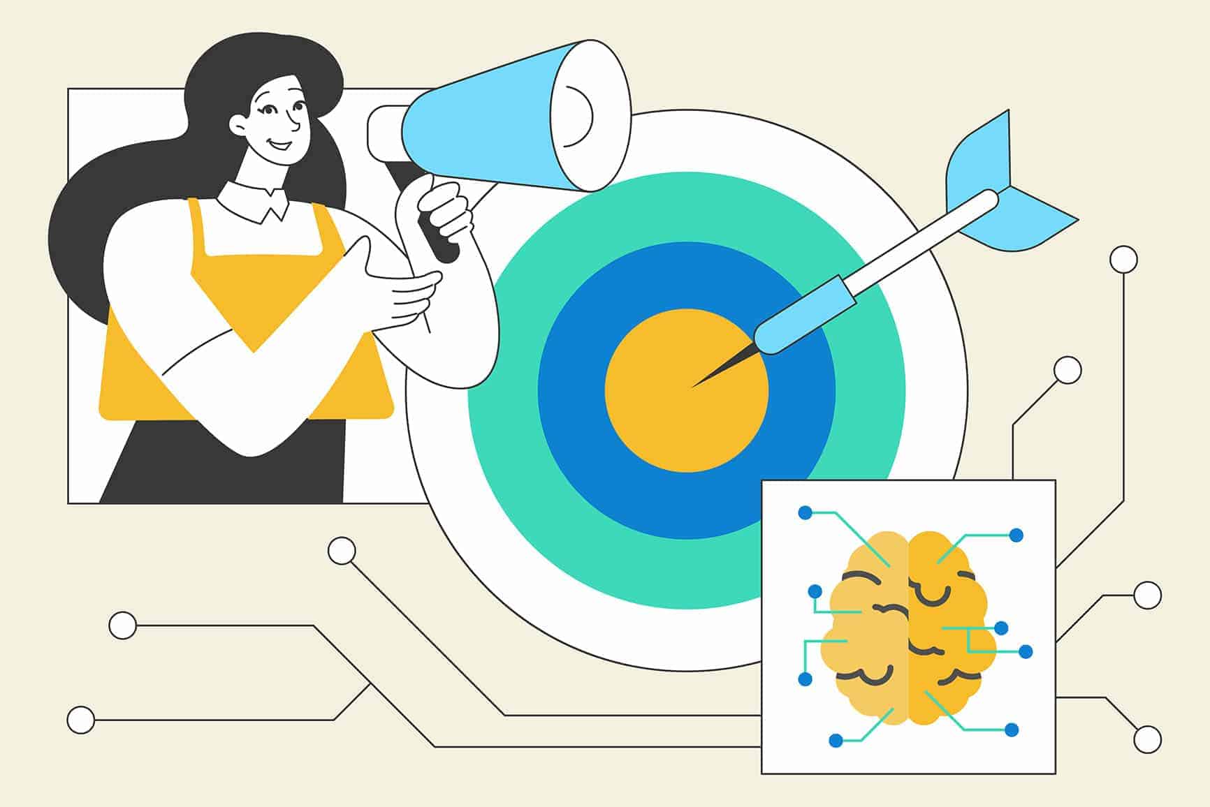 a woman with a bullhorn with elements depicting target audience. 