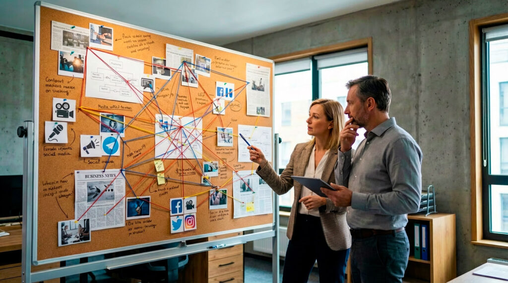 Two people making choice in front of what looks like a detective crime board.