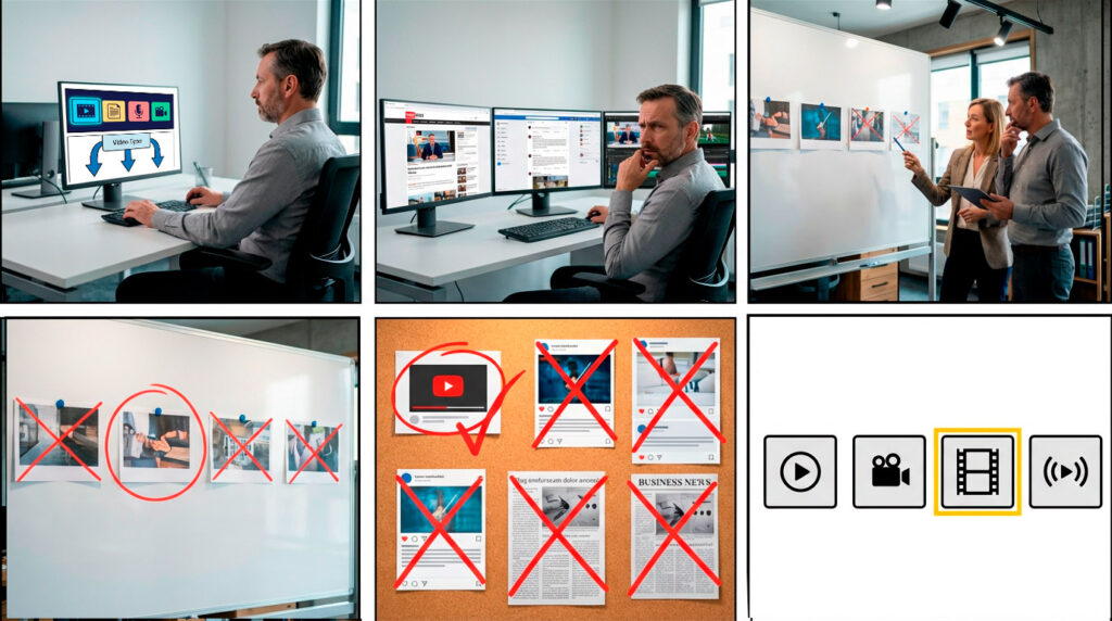 The grid of images depicts people making choices on what type of video to produce.