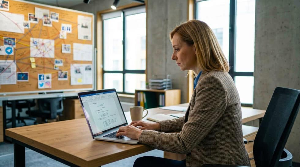 Person writing AI video prompts on a laptop to plan an AI-generated video