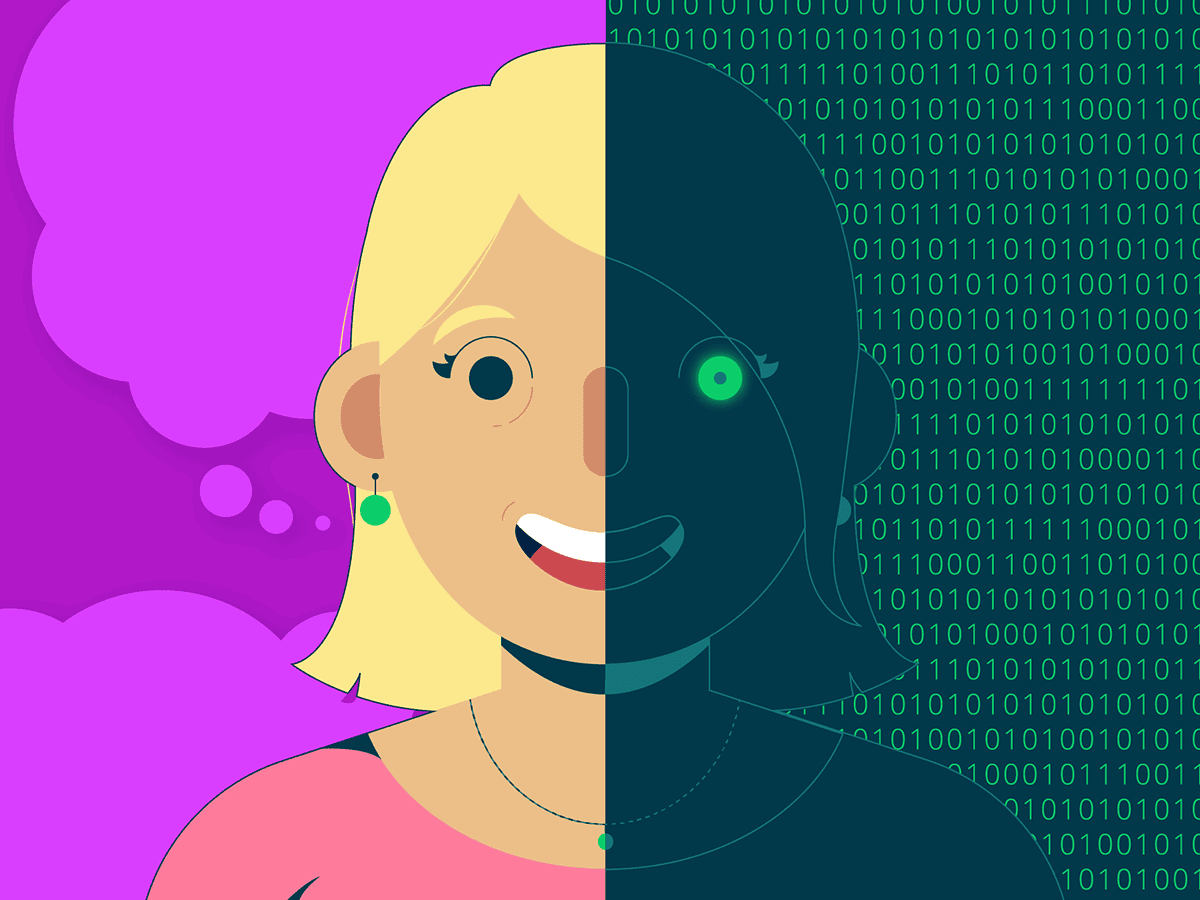 Half human, half robot woman illustration