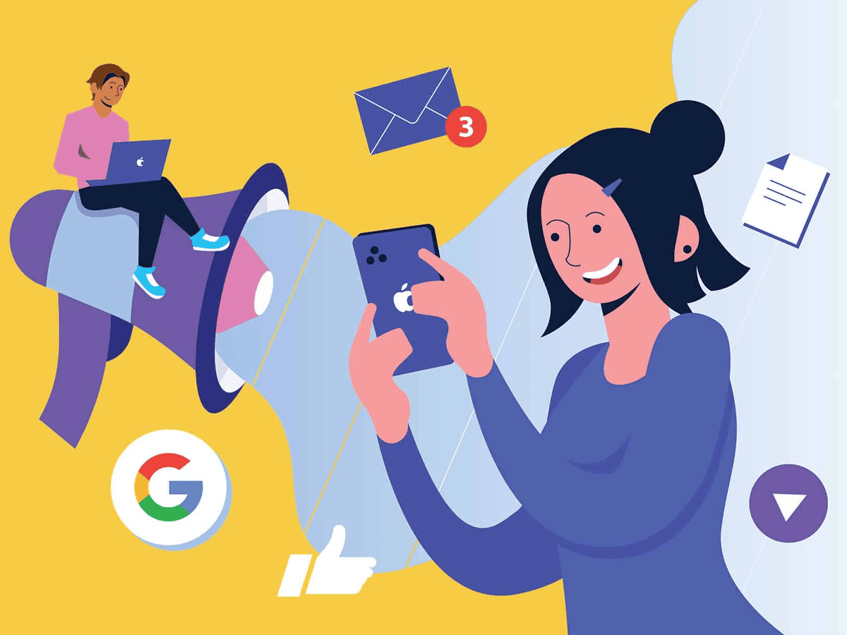Woman using smartphone with social media icons