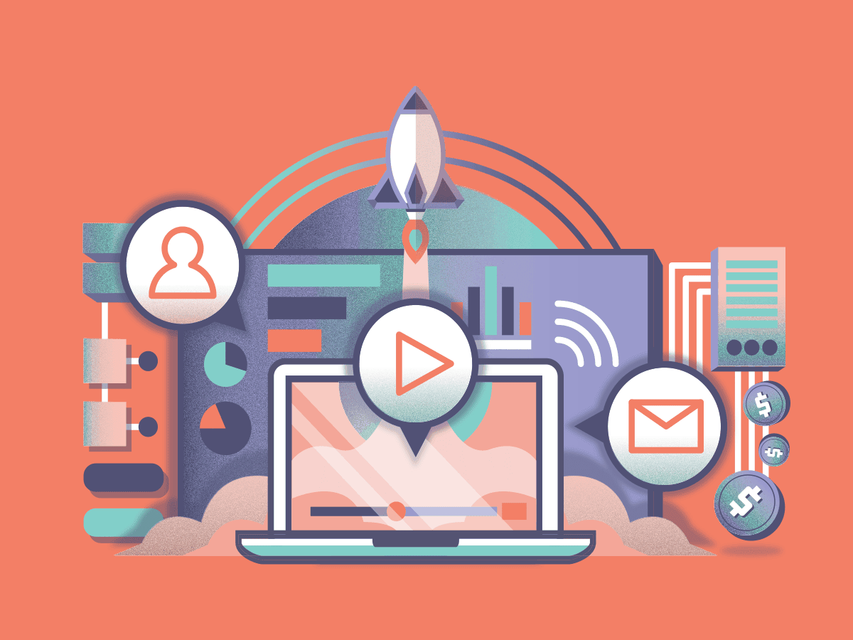 Digital marketing illustration with laptop, rocket, analytics icons