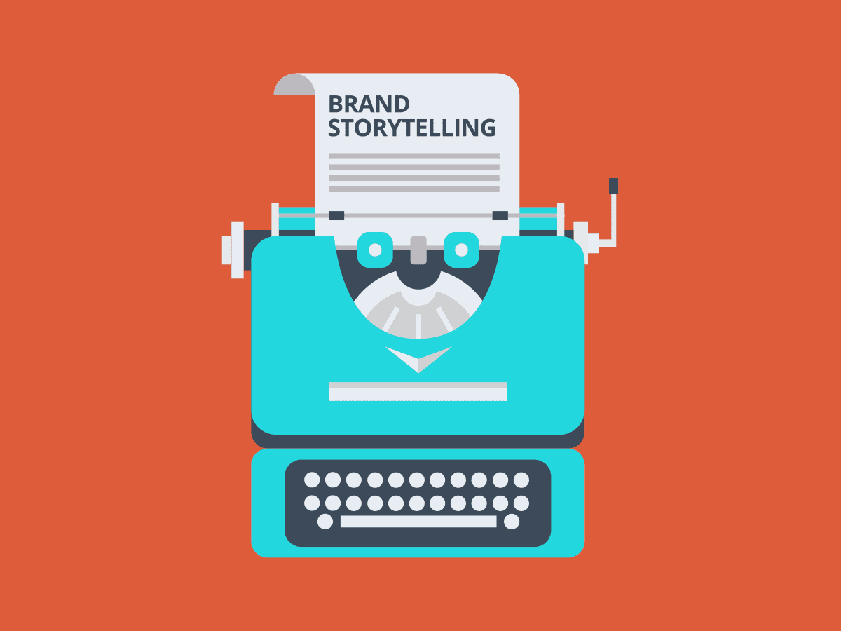 Teal typewriter with Brand Storytelling paper