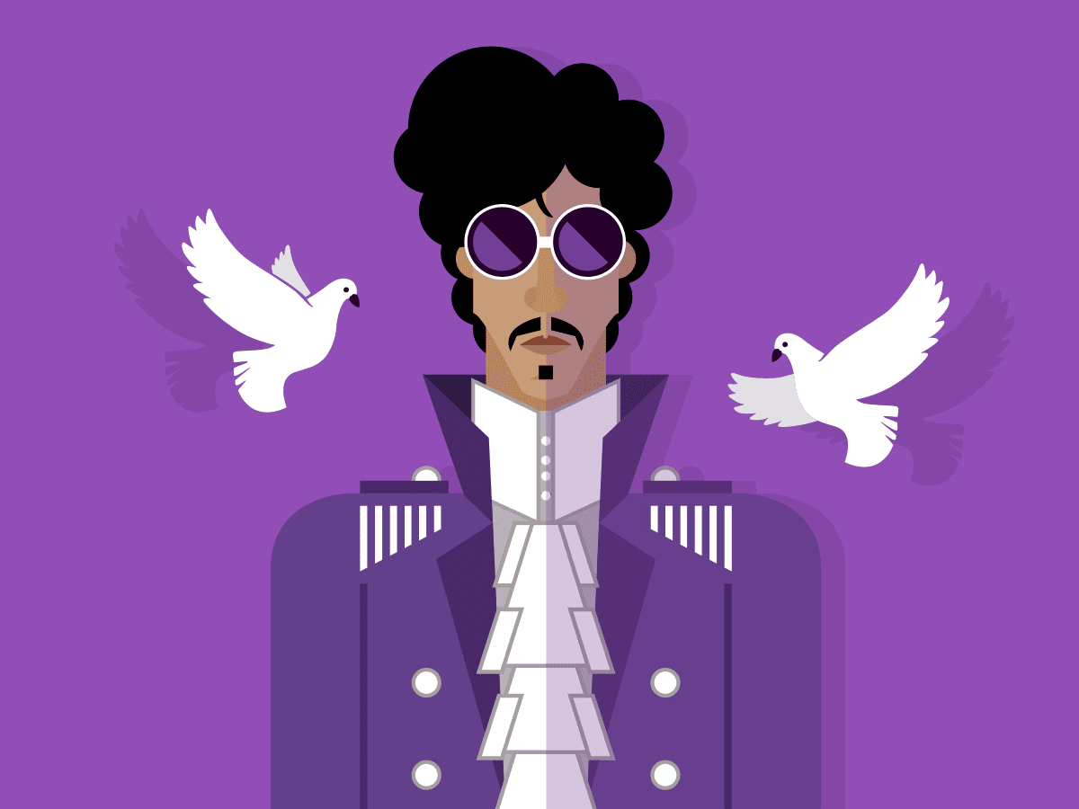 Stylized musician in purple suit with doves