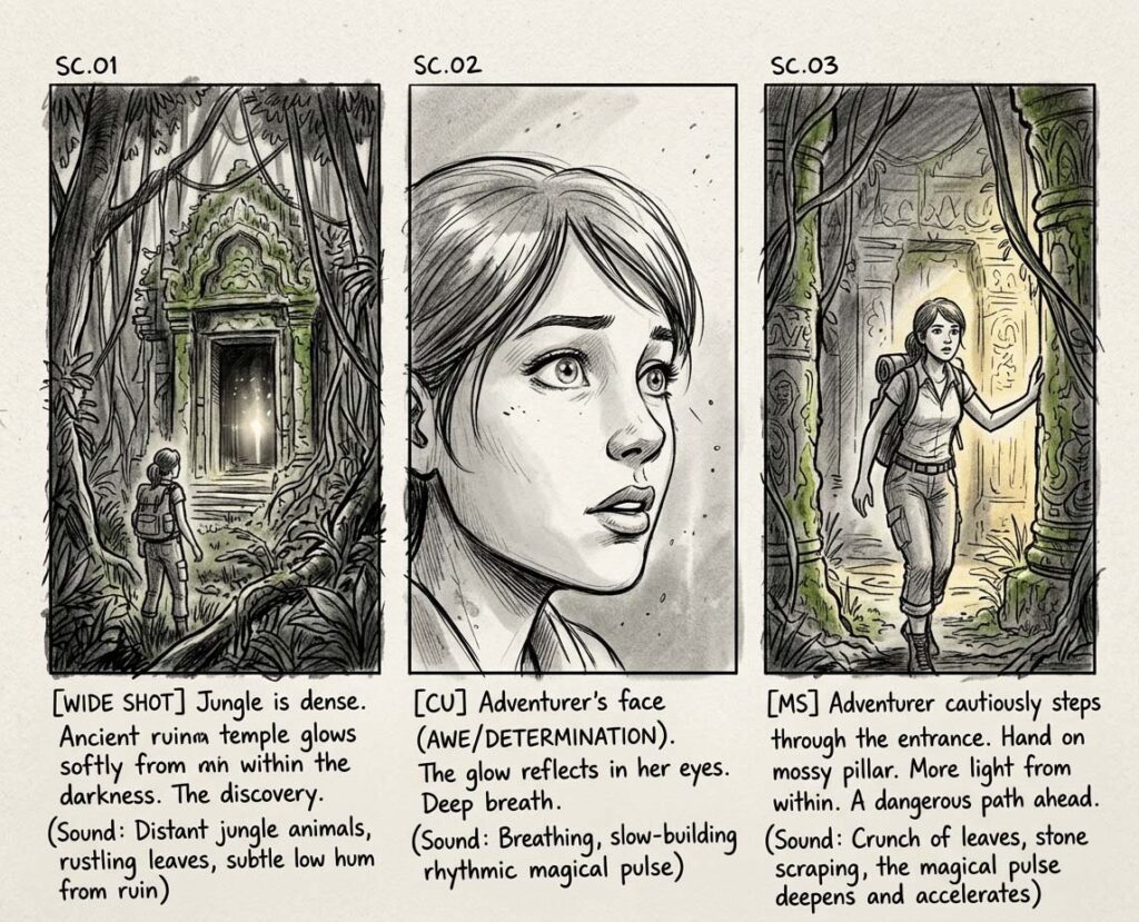 Storyboard of adventurer entering a glowing jungle temple
